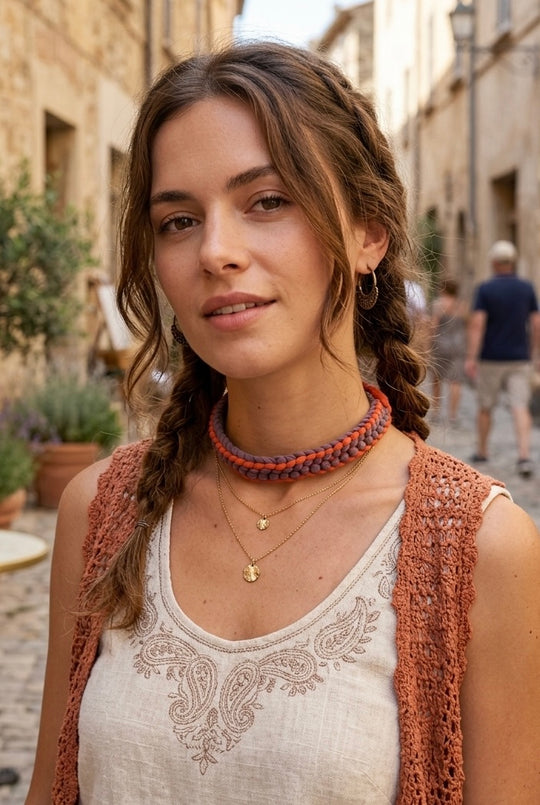 Conjunto Collar + 2 Pulseras Peru marron &amp; naranja
