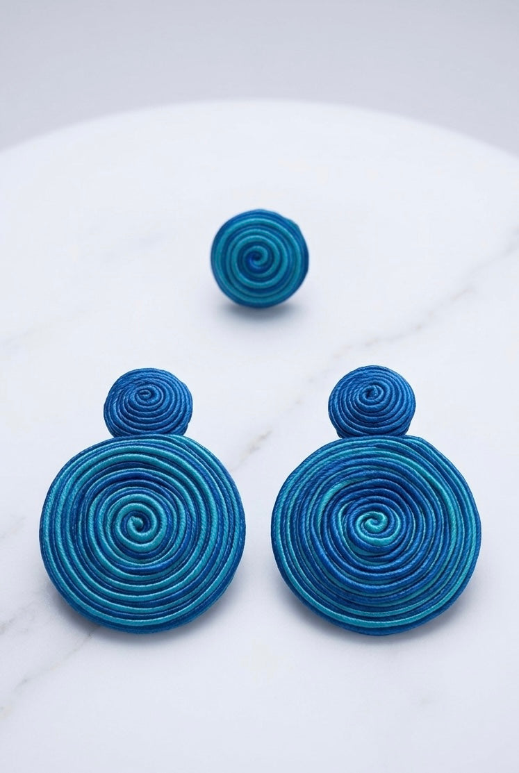 Conjunto Pendientes y Anillo Soutache Espiral azul