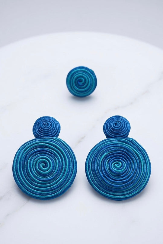 Conjunto Pendientes y Anillo Soutache Espiral azul