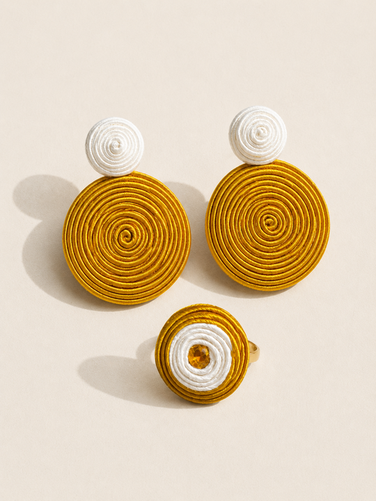 Conjunto Pendientes y Anillo Soutache Espiral Blanco Oro